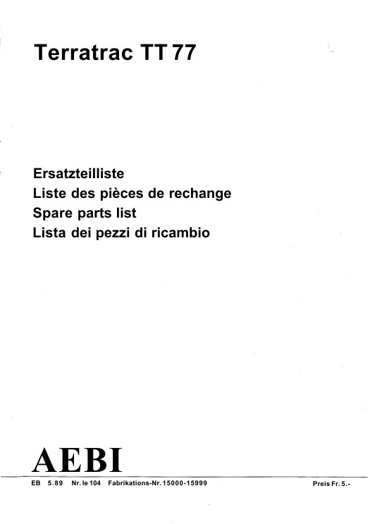 Tracteur de pente Aebi Terratrac TT 77 catalogue pièces détachées numérique