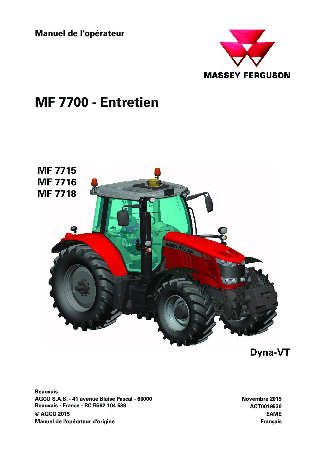 Tracteur MF 7714 7715 7716 7718 Dyna-VT Manuel d'entretien Massey Ferguson numérique