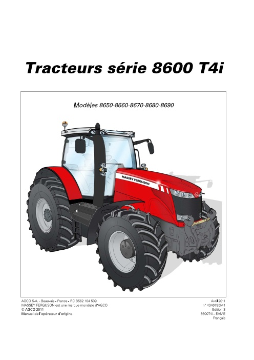 Tracteur MF 8650 8660 8670 8680 8690 Dyna-VT Tier 4i Manuel utilisation et entretien Massey Ferguson numérique